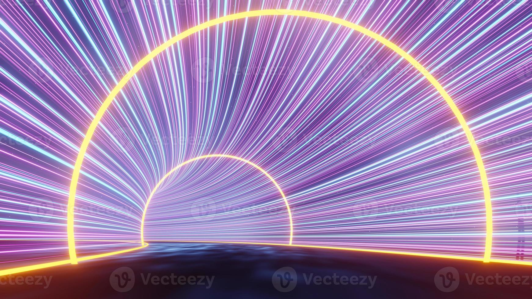 3d render of flash neon and light glowing on dark scene. Speed light tunnel through the city or urban. Technology internet of future network. Sci fiction of hyperspace interstellar travel. photo