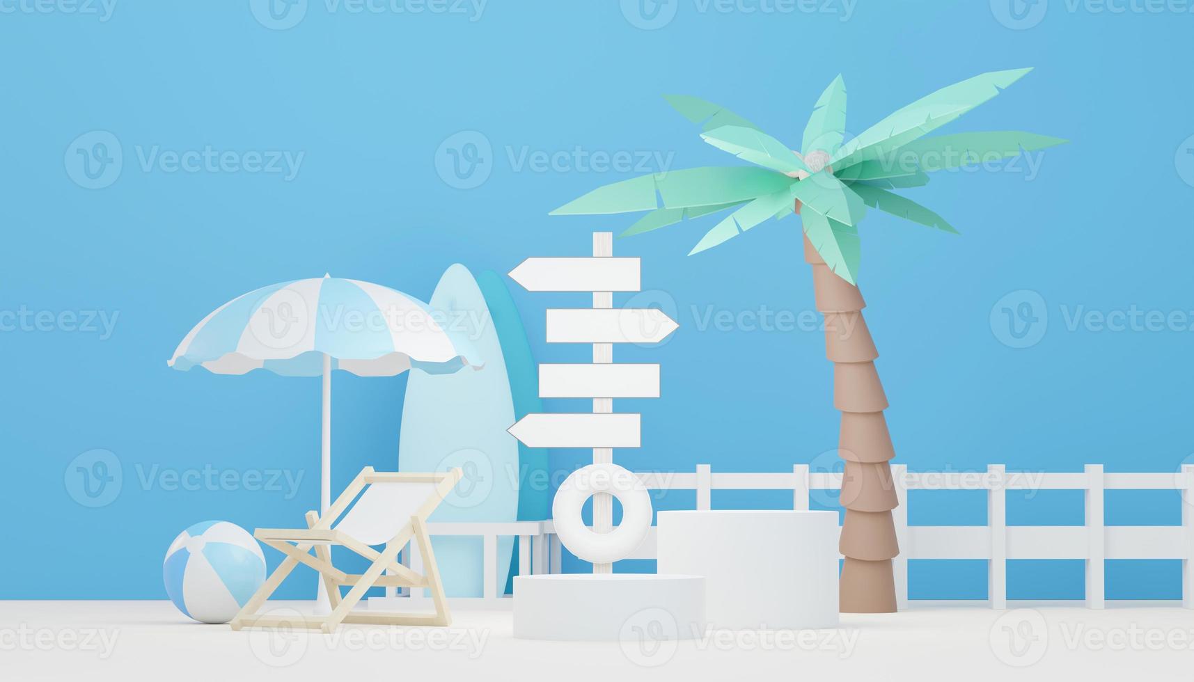 3d render minimal podium background for show and sales products. Hello Summer season scene design concept. Abstract Vacant pedestal for presentation and advertising. Beach Vacations in Summer. photo