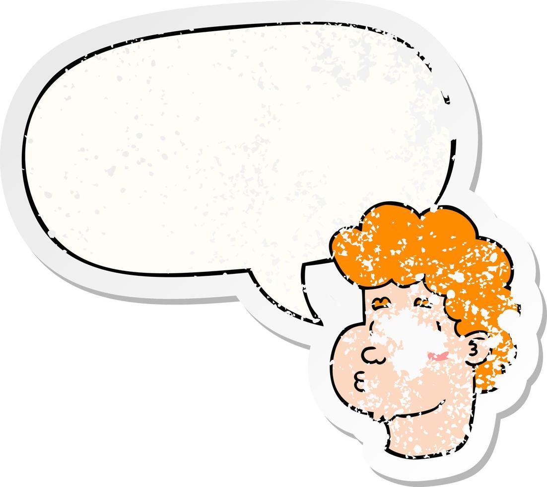 cartoon male face and speech bubble distressed sticker vector