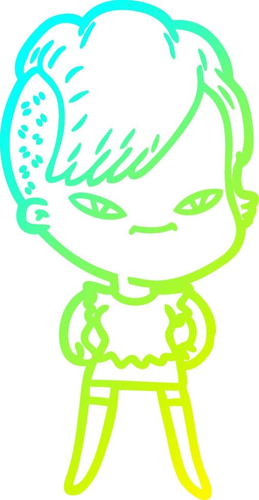 cold gradient line drawing cute cartoon girl with hipster haircut vector