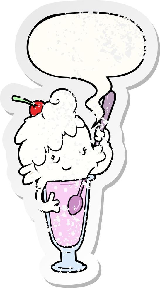 cartoon ice cream soda girl and speech bubble distressed sticker vector