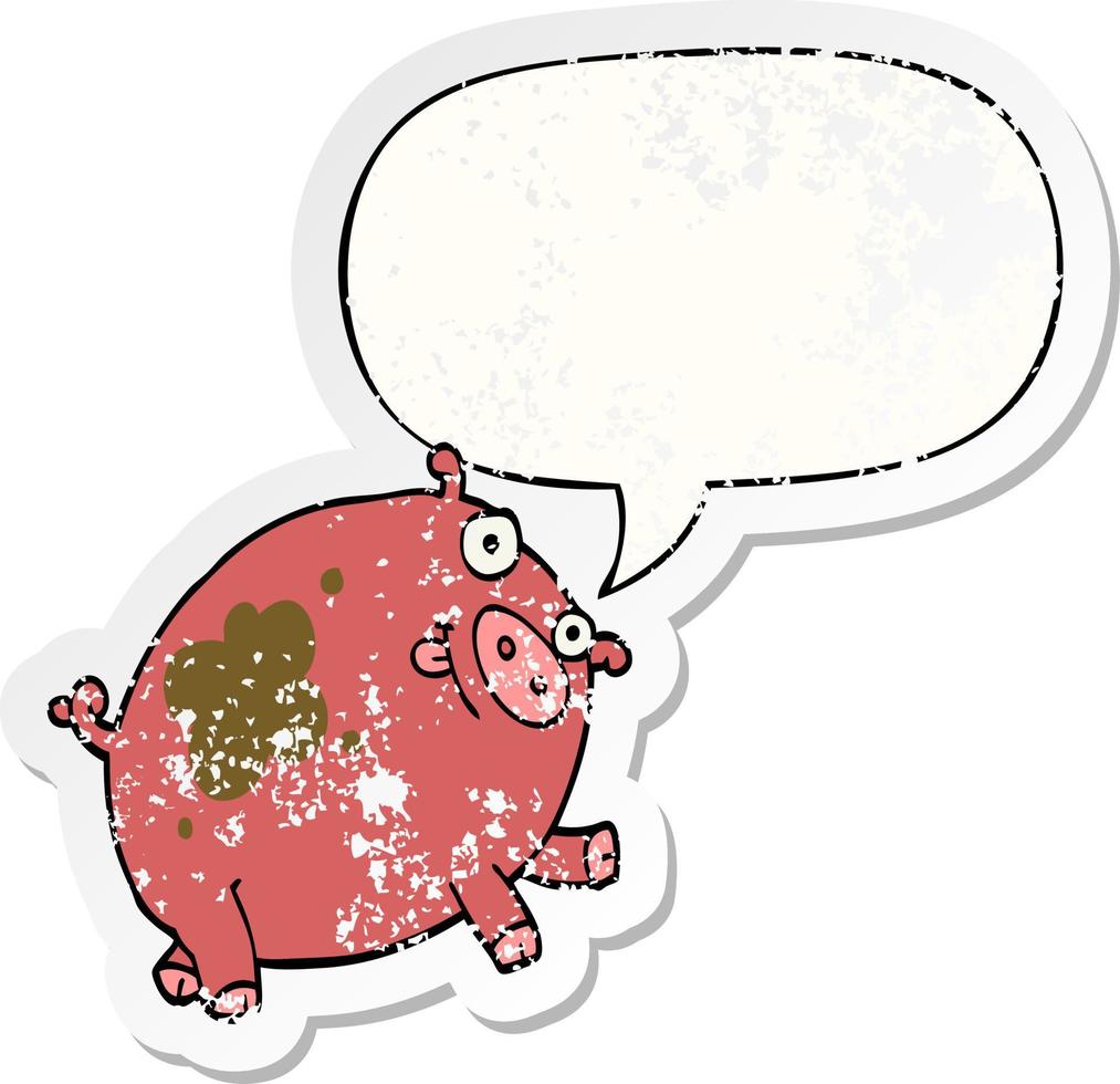 cartoon pig and speech bubble distressed sticker vector