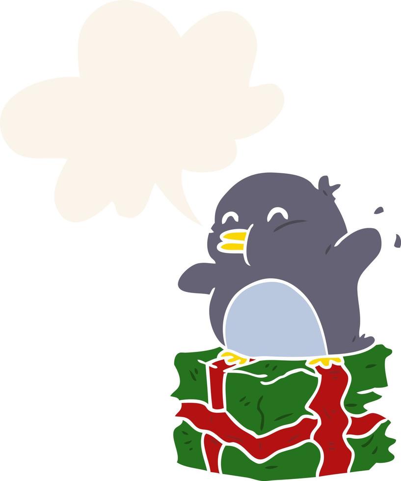 pingüino de dibujos animados en regalo envuelto y burbuja de habla en estilo retro vector