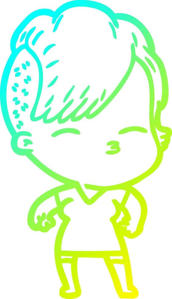 cold gradient line drawing cartoon squinting girl vector