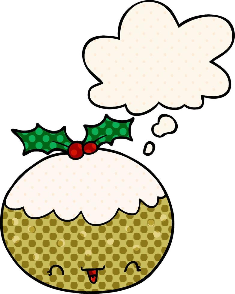 cute cartoon christmas pudding and thought bubble in comic book style vector