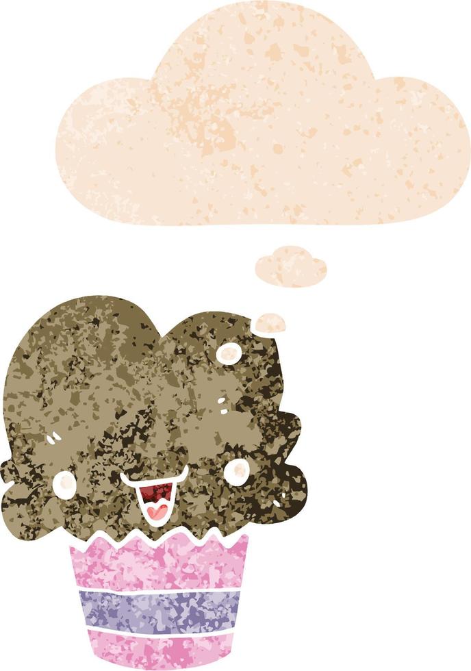 cartoon cupcake with face and thought bubble in retro textured style vector