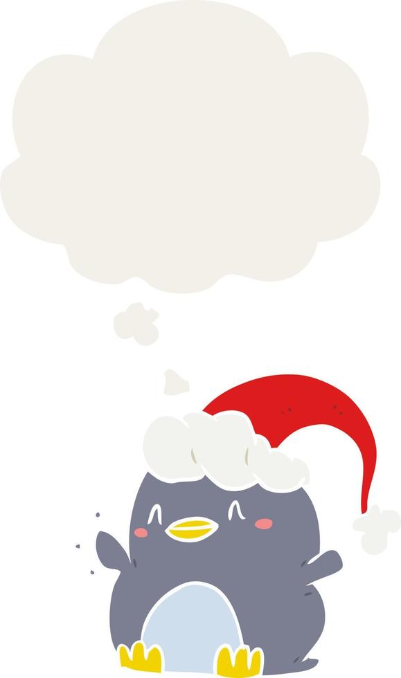 cartoon penguin wearing christmas hat and thought bubble in retro style vector