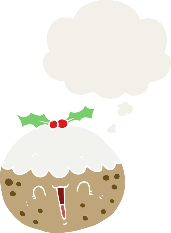 lindo pudín de navidad de dibujos animados y burbuja de pensamiento en estilo retro vector