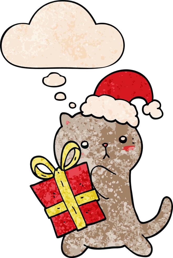 lindo gato de dibujos animados que lleva regalo de navidad y burbuja de pensamiento en estilo de patrón de textura grunge vector