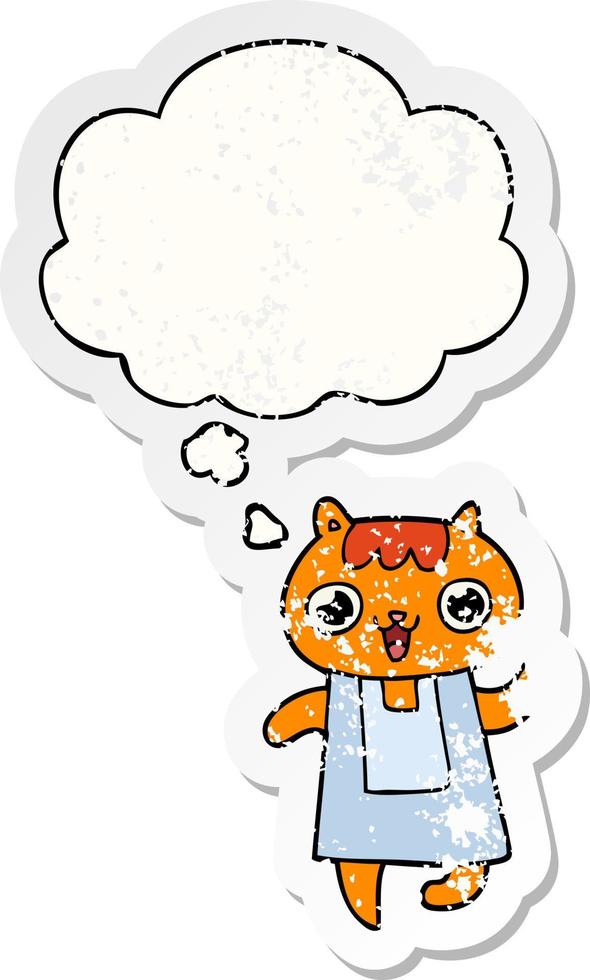 cartoon cat and thought bubble as a distressed worn sticker vector