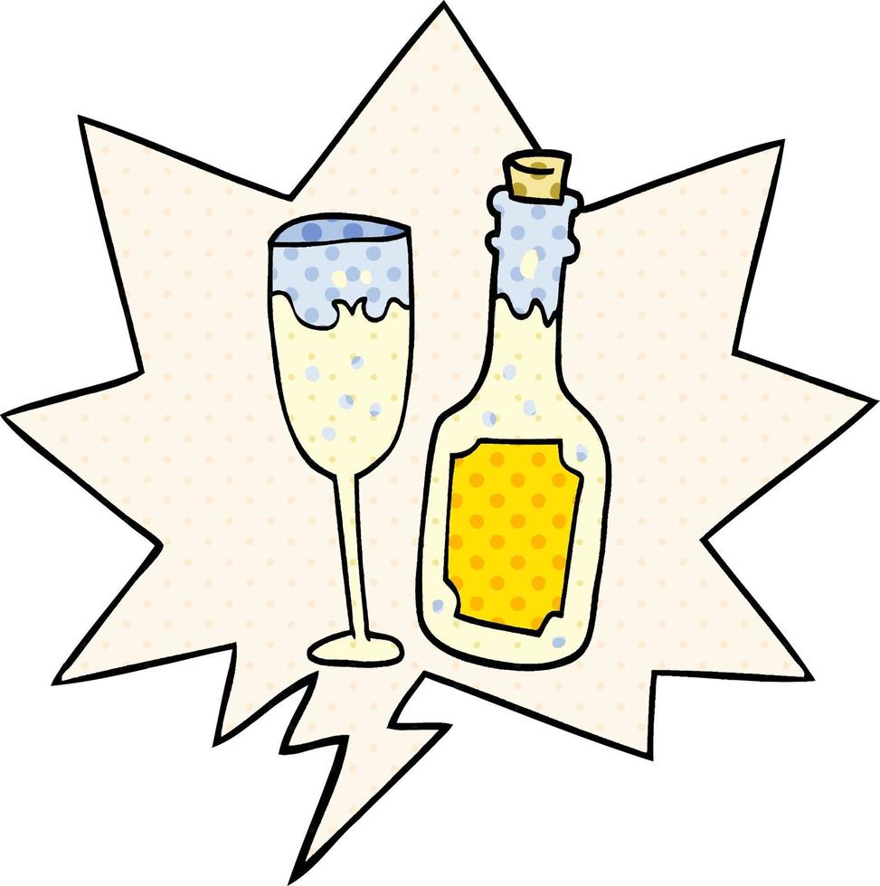 cartoon champagne bottle and glass and speech bubble in comic book style vector