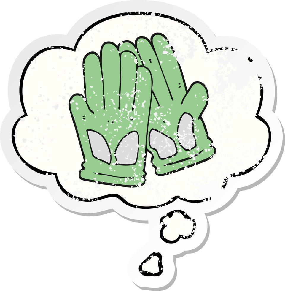 cartoon garden work gloves and thought bubble as a distressed worn sticker vector