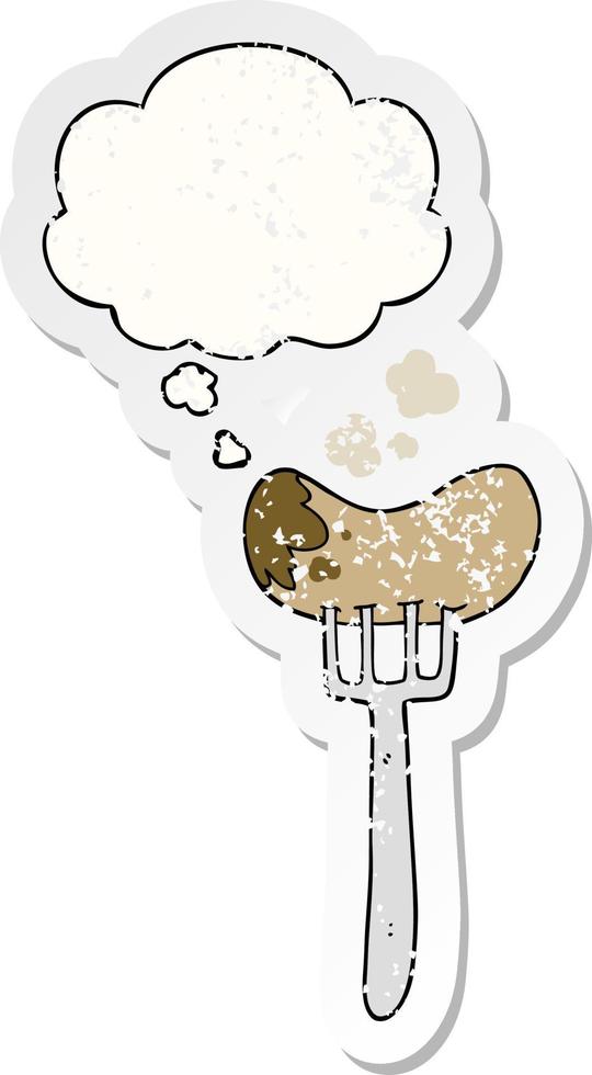 cartoon sausage and fork and thought bubble as a distressed worn sticker vector