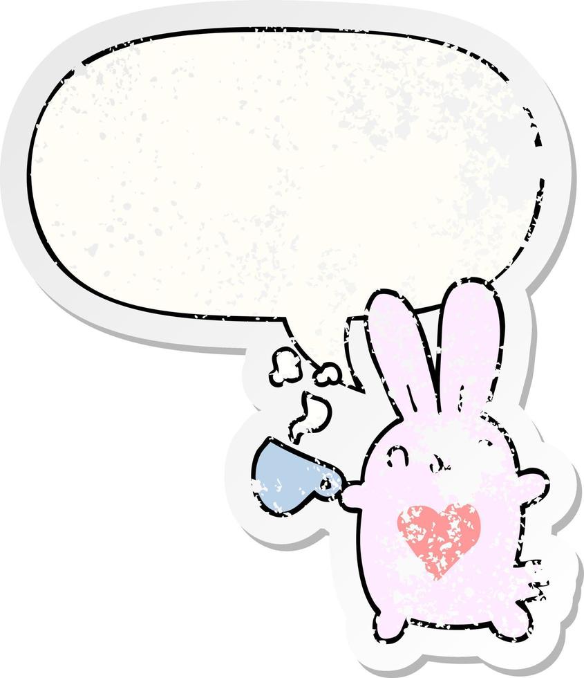 cute cartoon rabbit and love heart and coffee cup and speech bubble distressed sticker vector