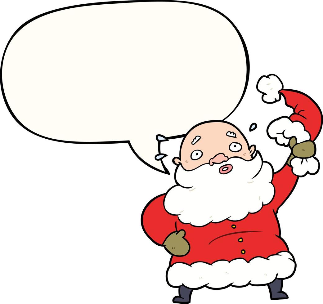 cartoon santa claus waving his hat and speech bubble vector