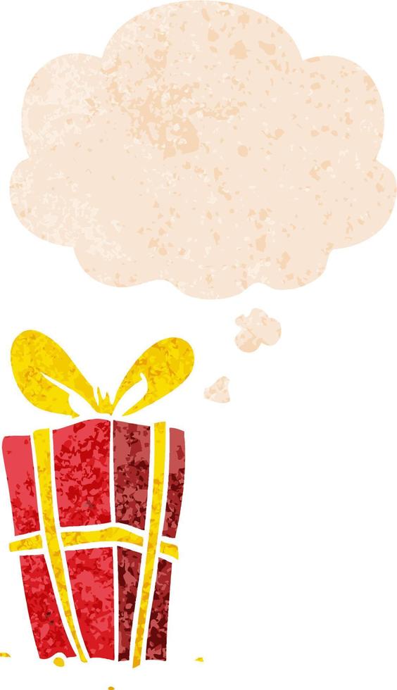 cartoon xmas present and thought bubble in retro textured style vector