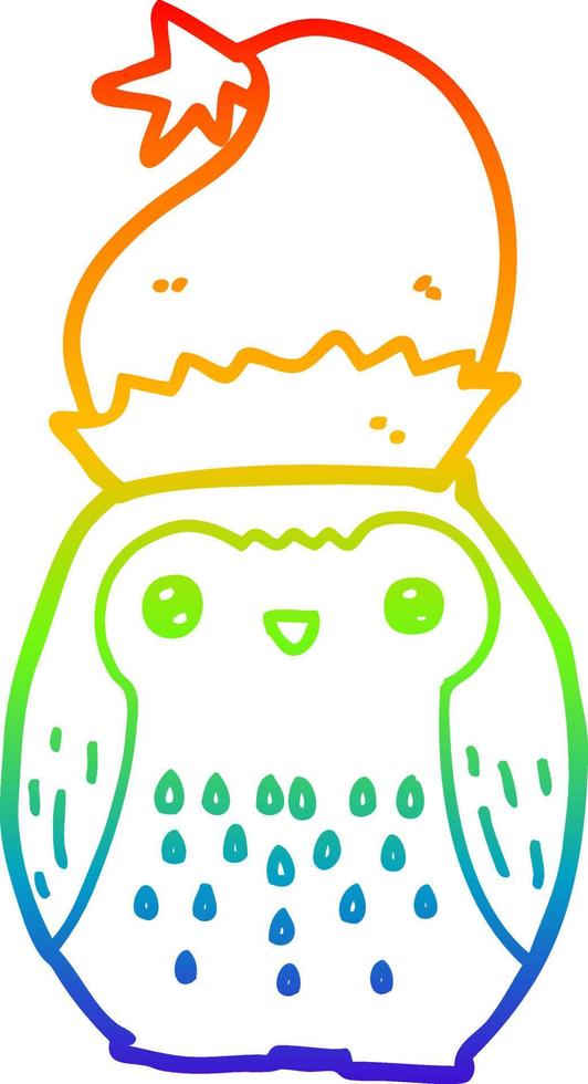 rainbow gradient line drawing cute cartoon owl wearing christmas hat vector