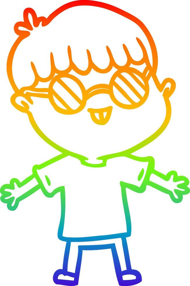 rainbow gradient line drawing cartoon boy wearing spectacles vector