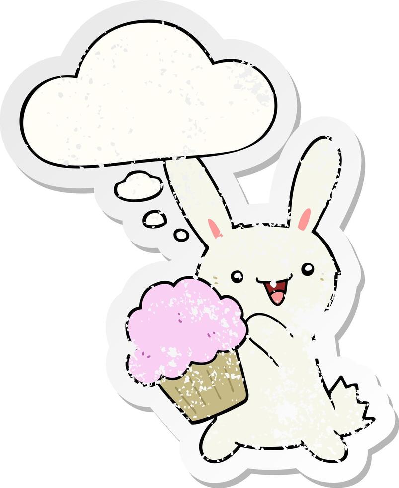 cute cartoon rabbit with muffin and thought bubble as a distressed worn sticker vector