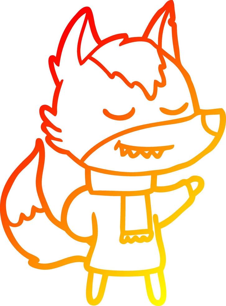warm gradient line drawing friendly cartoon wolf wearing scarf vector