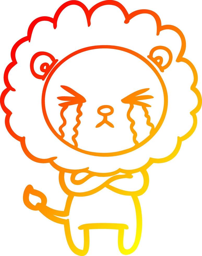 warm gradient line drawing cartoon crying lion with crossed arms vector