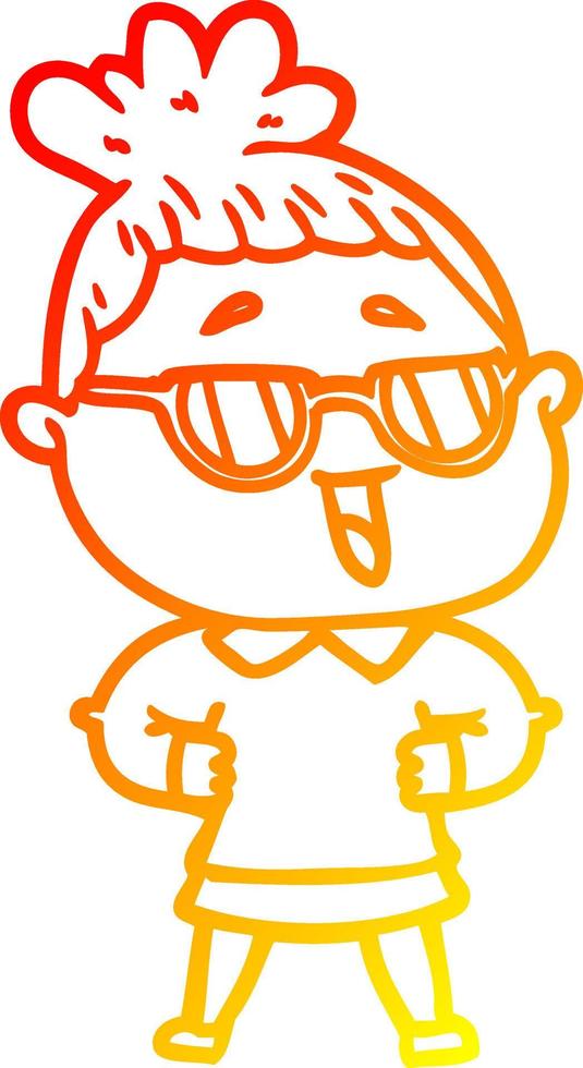 dibujo de línea de gradiente cálido mujer feliz de dibujos animados con gafas vector
