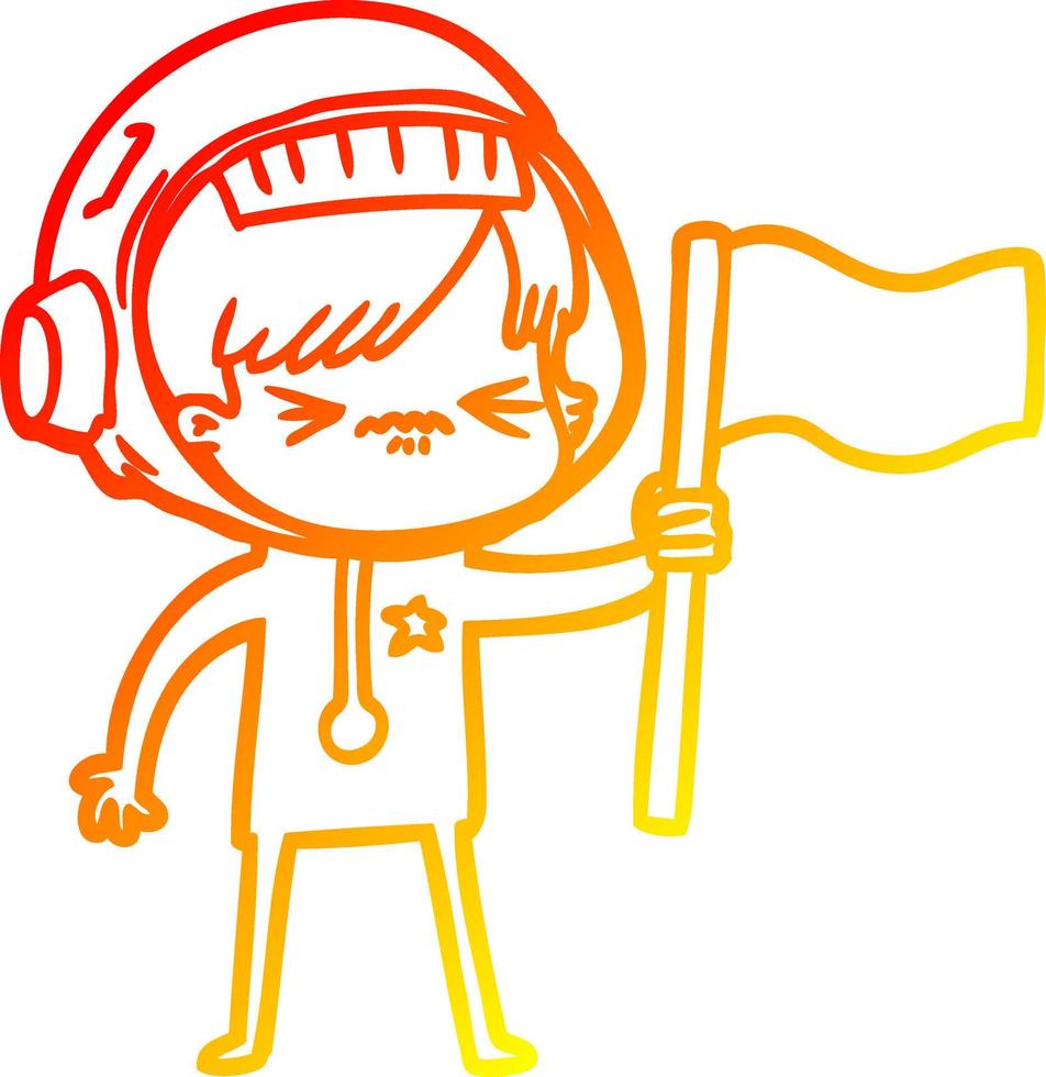 warm gradient line drawing angry cartoon space girl waving flag vector