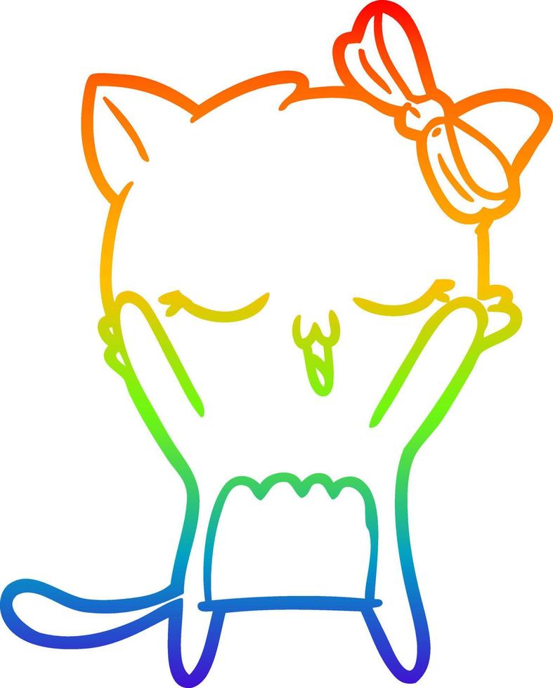 rainbow gradient line drawing cartoon cat with bow on head vector