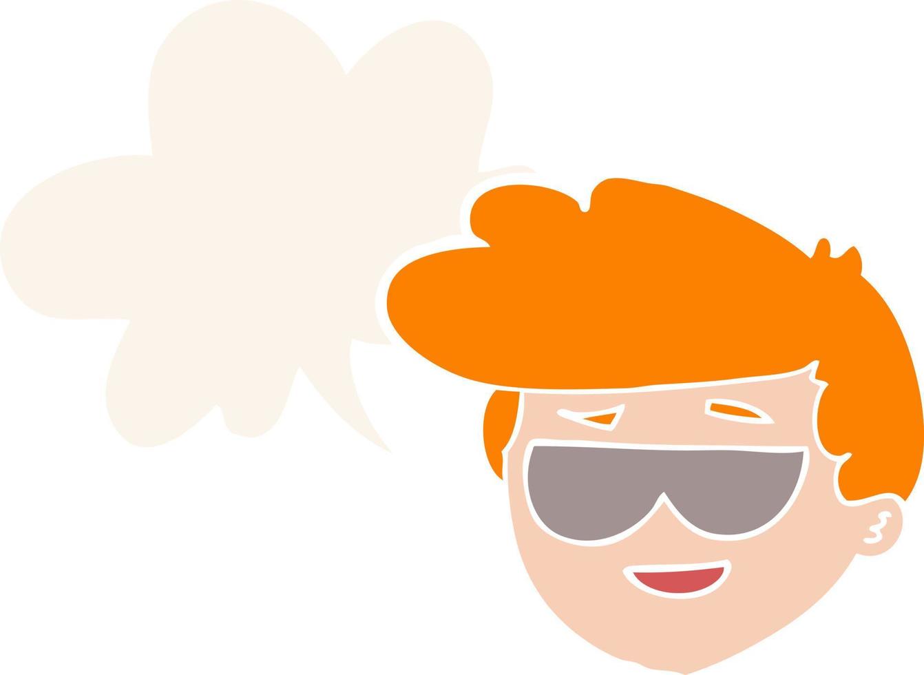 niño de dibujos animados con gafas de sol y burbujas de habla en estilo retro vector