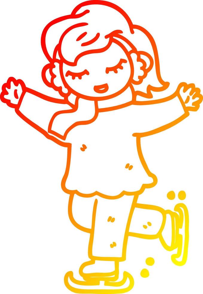 warm gradient line drawing cartoon girl ice skating vector