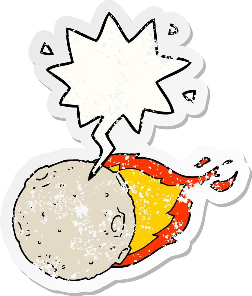meteorito de dibujos animados y etiqueta engomada angustiada de la burbuja del habla vector