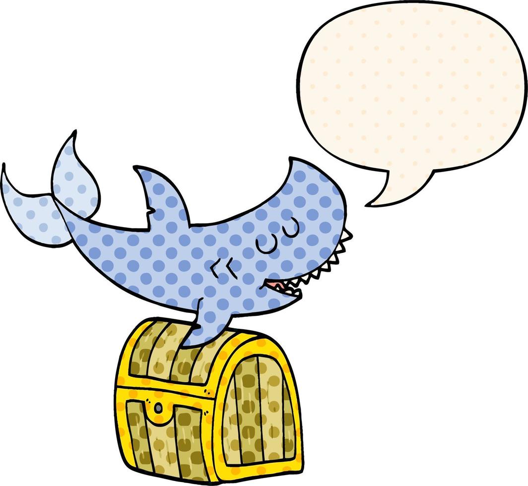 cartoon shark swimming over treasure chest and speech bubble in comic book style vector