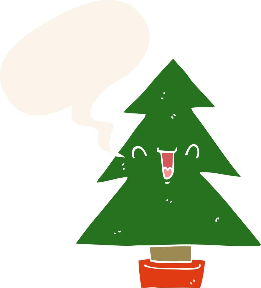 árbol de navidad de dibujos animados y bocadillo de diálogo en estilo retro vector