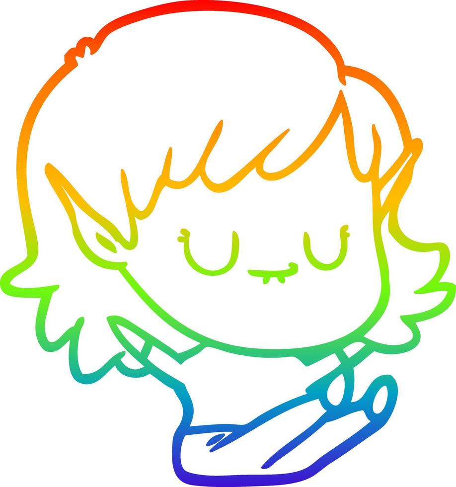 rainbow gradient line drawing happy cartoon elf girl sitting vector