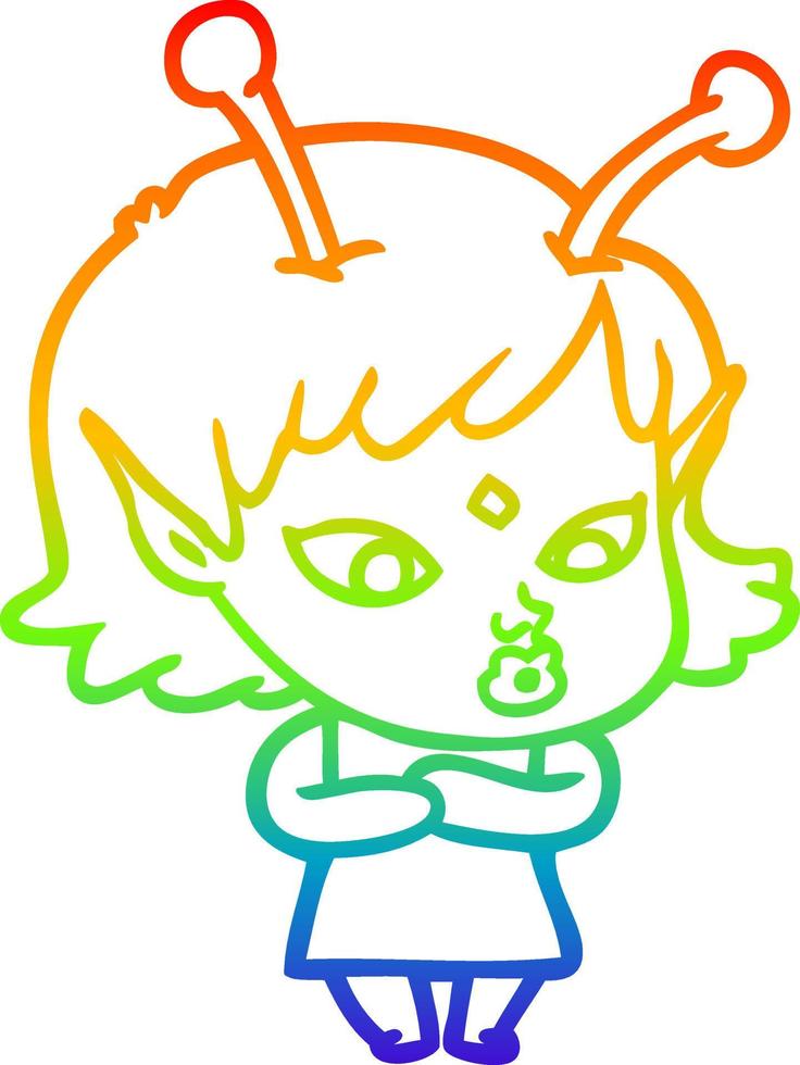 rainbow gradient line drawing pretty cartoon alien girl vector