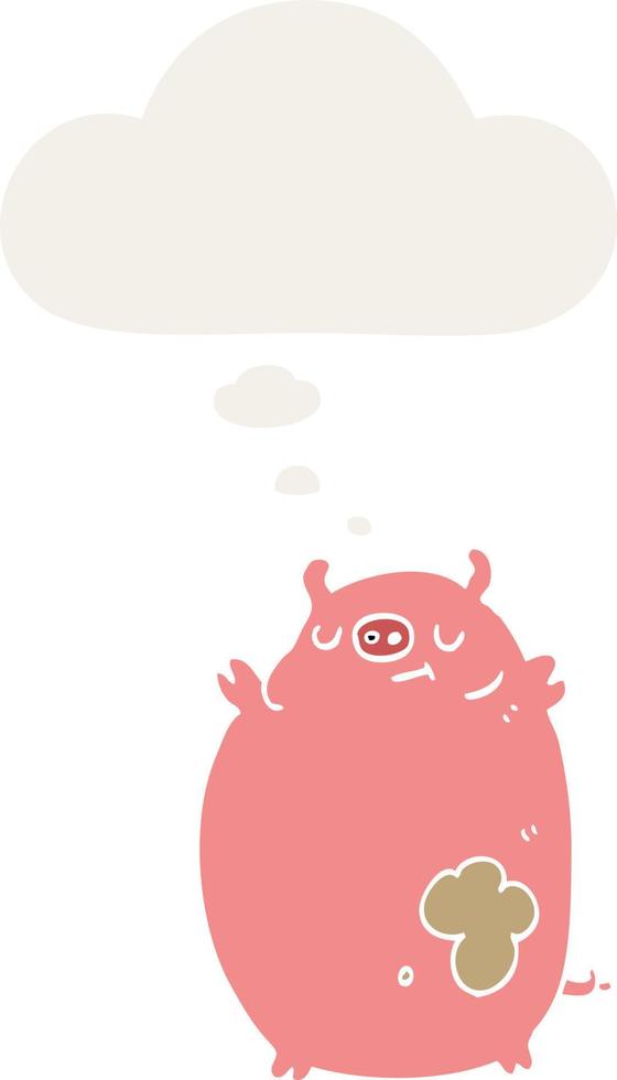 cartoon fat pig and thought bubble in retro style vector