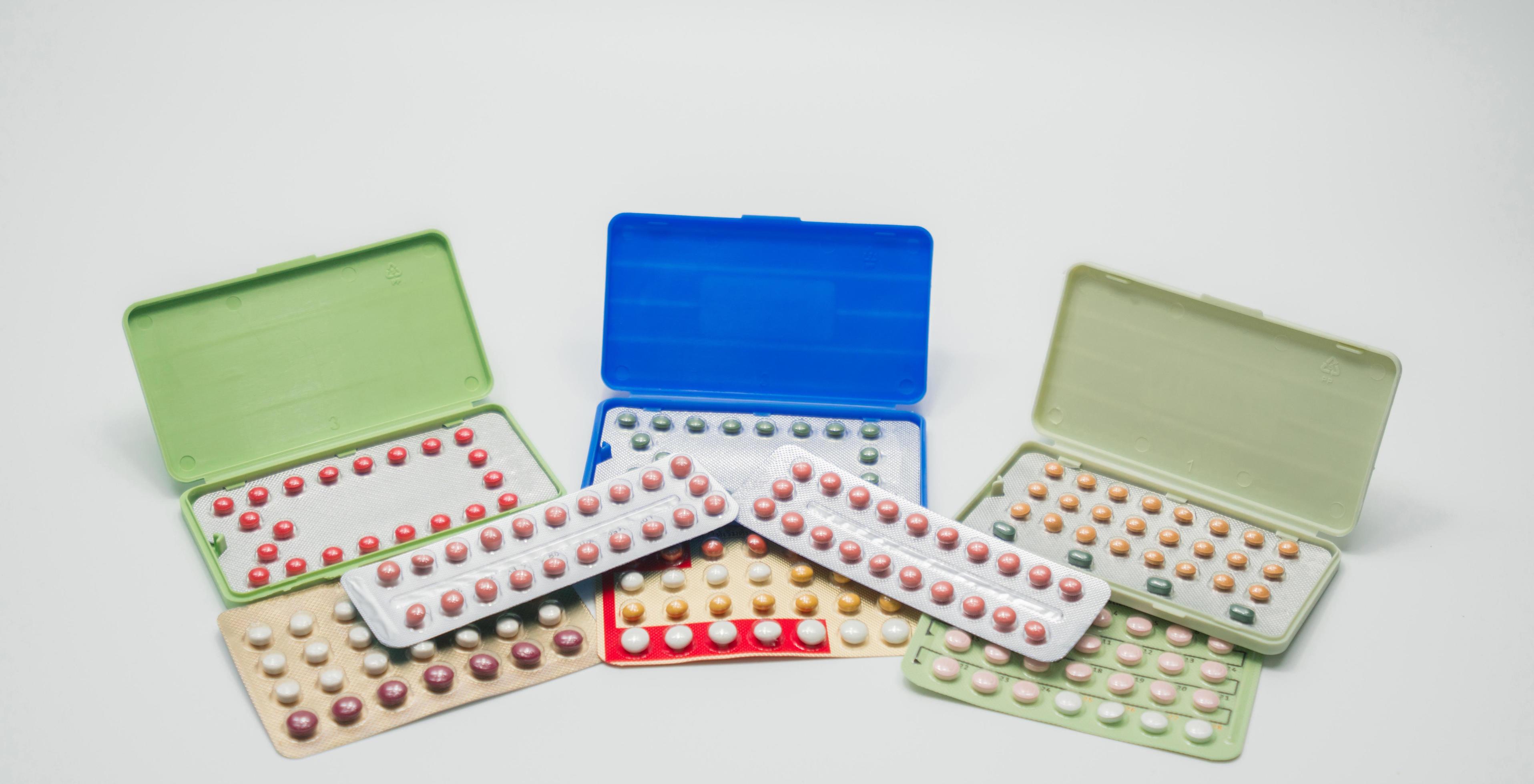 Pile of contraceptive pills in blister pack. Birth control pills