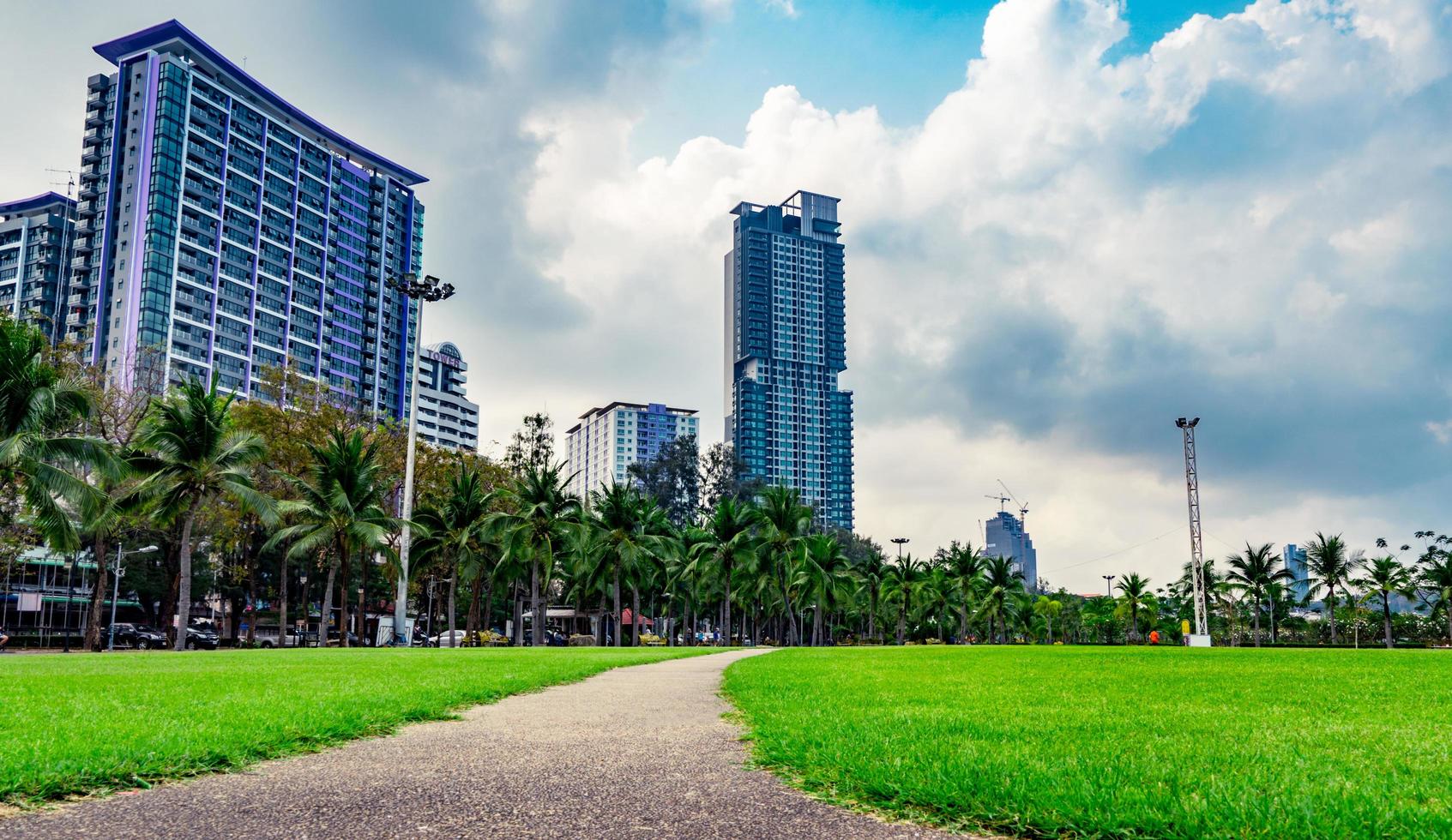 campo de hierba verde, camino peatonal y cocoteros en el parque de la ciudad junto al mar. fondo de edificio moderno foto