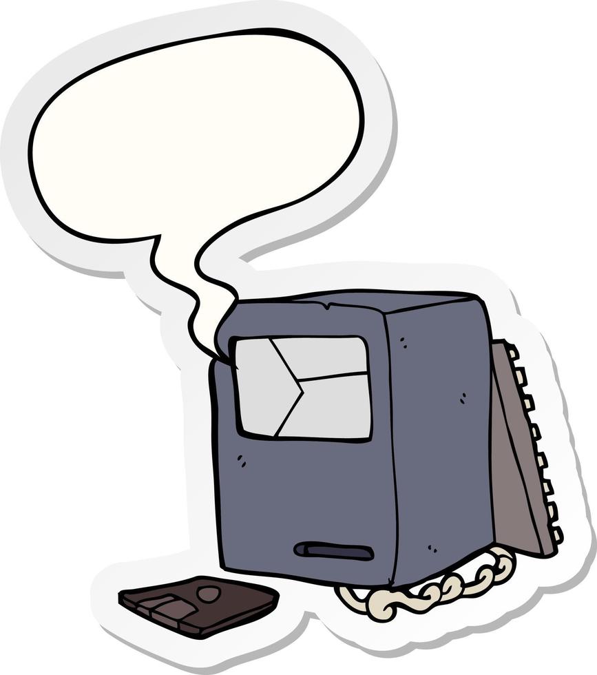 cartoon broken old computer and speech bubble sticker vector
