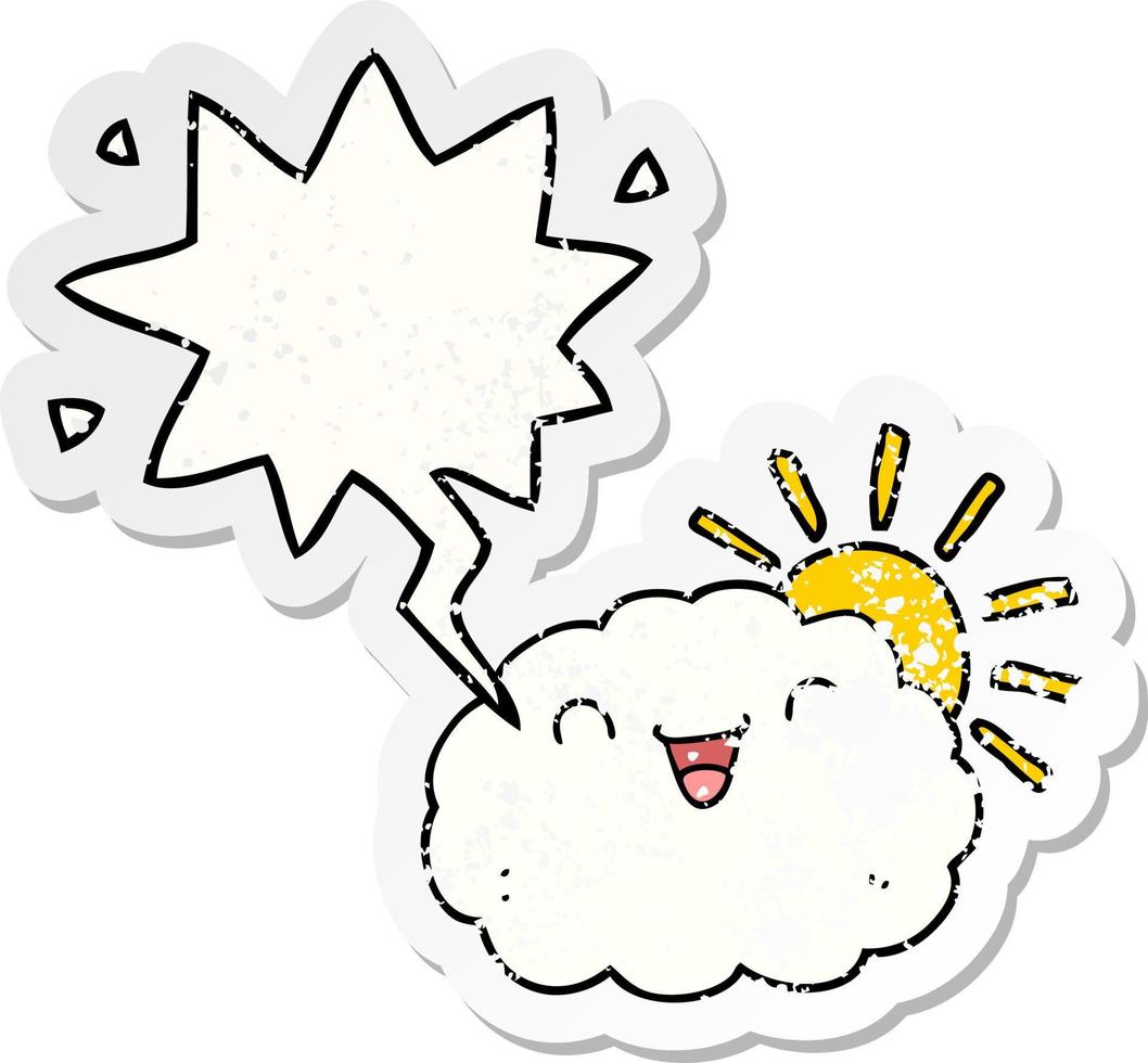 happy cartoon cloud and speech bubble distressed sticker vector