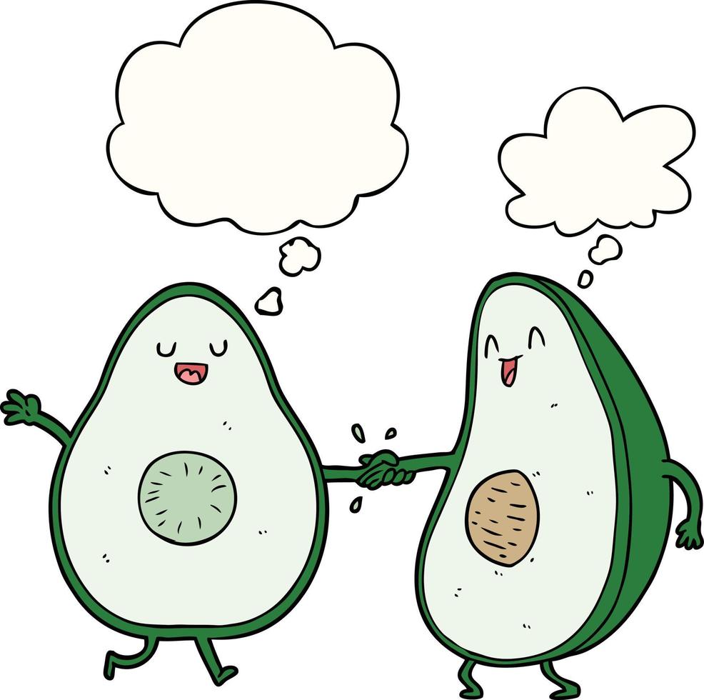 cartoon dancing avocados and thought bubble vector