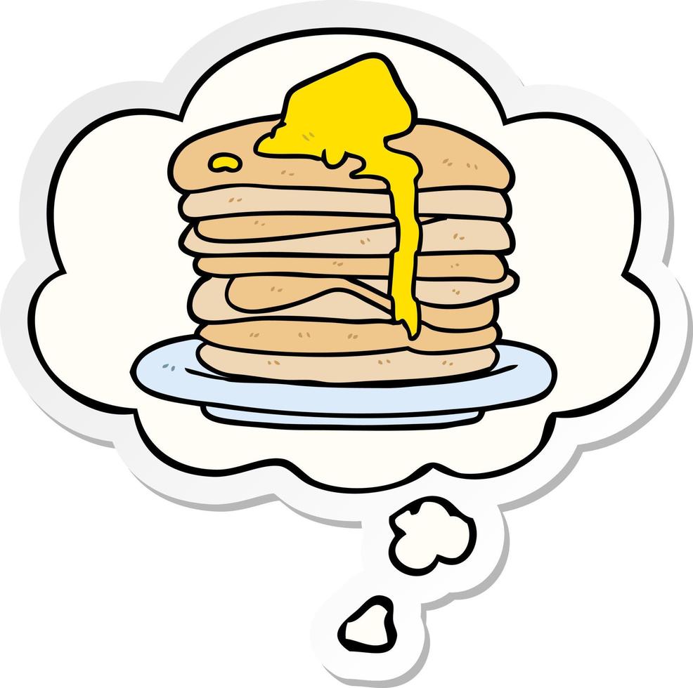 cartoon stack of pancakes and thought bubble as a printed sticker vector