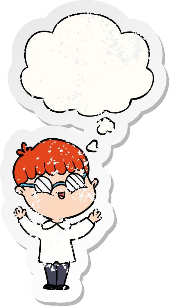 cartoon boy wearing spectacles and thought bubble as a distressed worn sticker vector