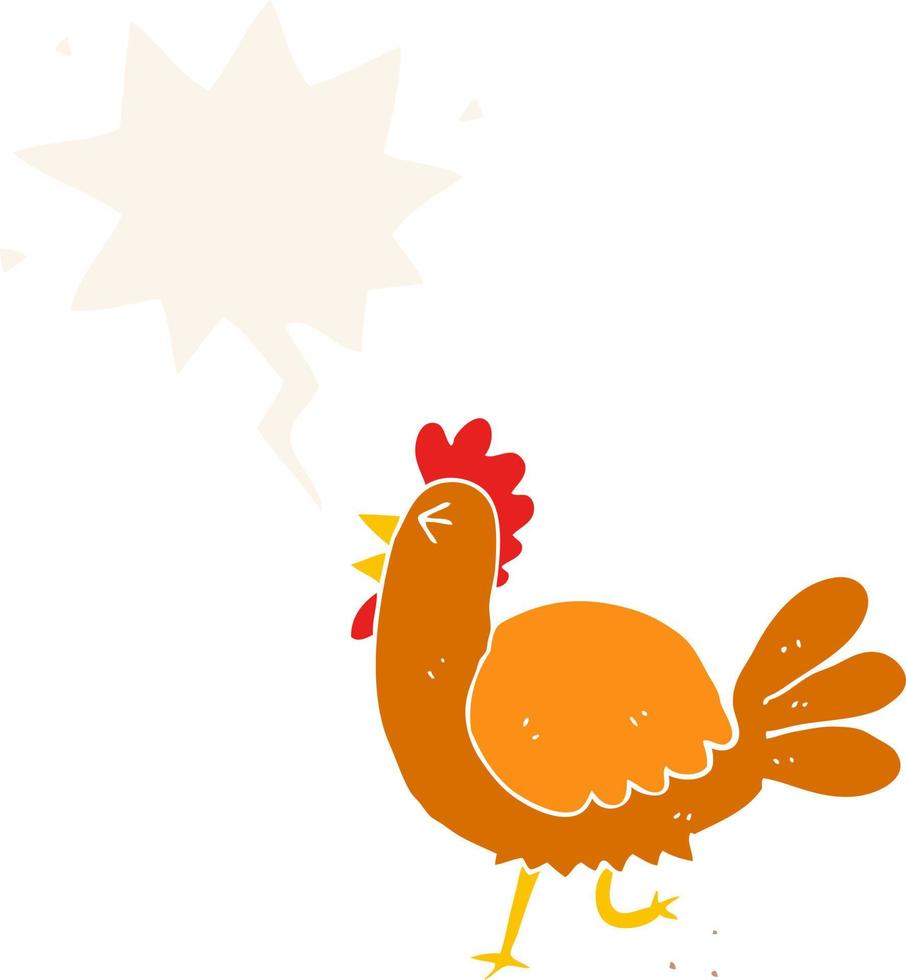 gallo de dibujos animados y burbuja del habla en estilo retro vector