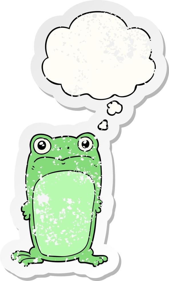 cartoon staring frog and thought bubble as a distressed worn sticker vector