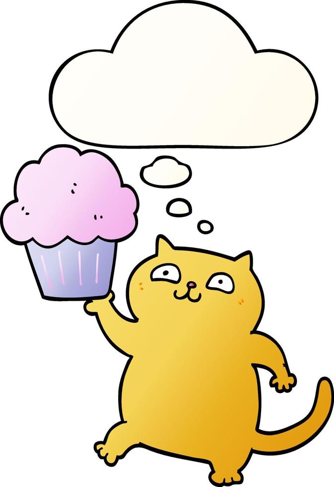 gato de dibujos animados con cupcake y burbuja de pensamiento en estilo degradado suave vector
