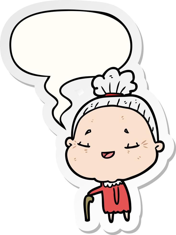 cartoon old woman and walking stick and speech bubble sticker vector