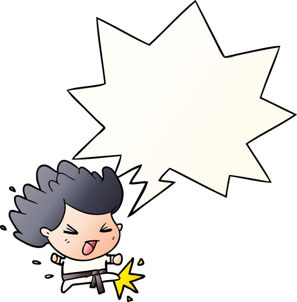 cute cartoon kicking karate champion and speech bubble in smooth gradient style vector