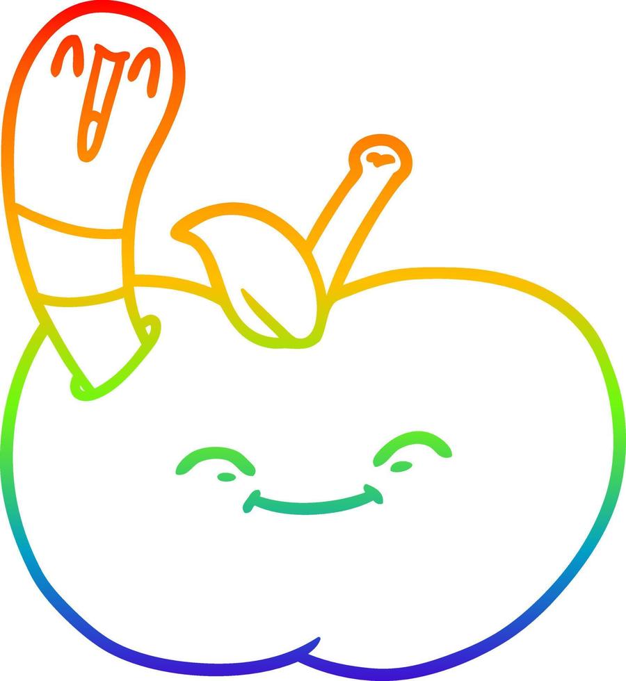 rainbow gradient line drawing cartoon happy worm in an apple vector