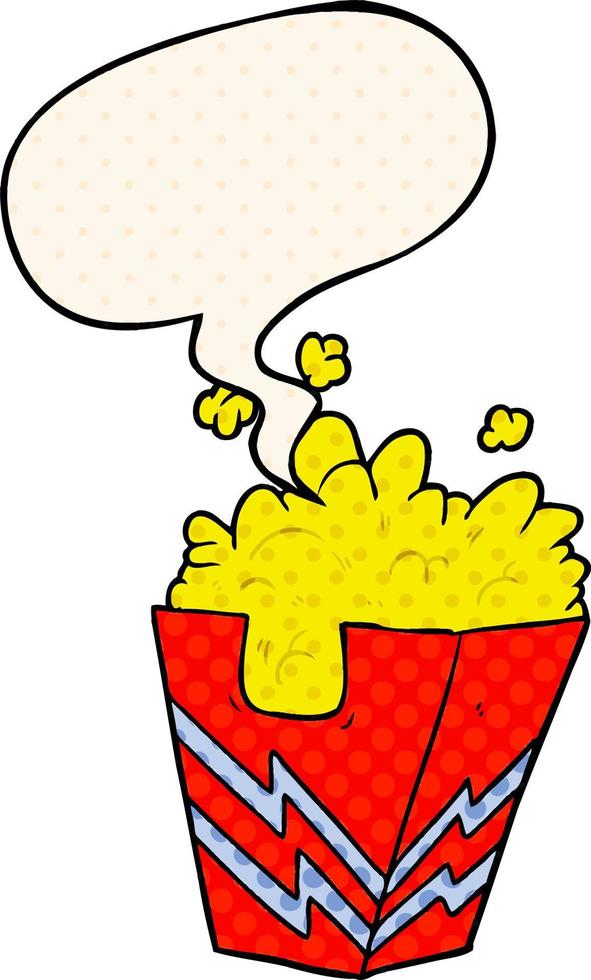cartoon box of popcorn and speech bubble in comic book style vector